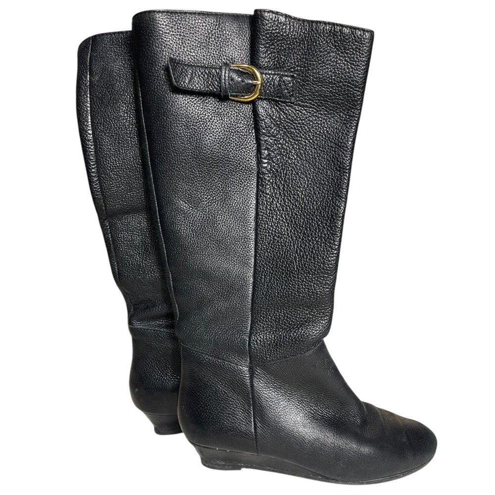 Intyce Black Leather Wedge Tall Boots 7.5M Buckle Detail Round Toe Riding Boots